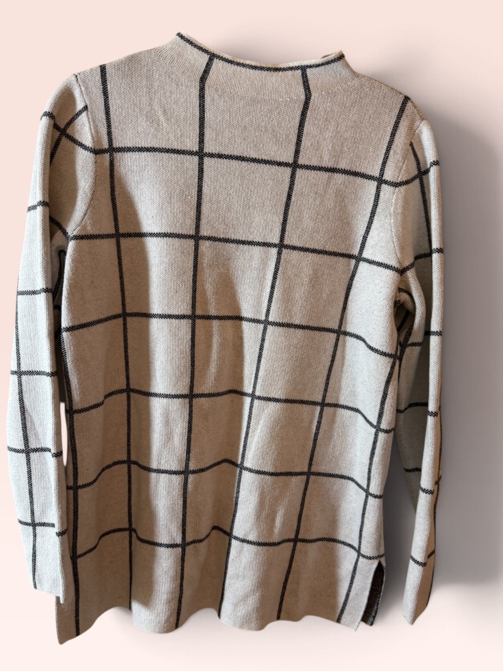 LOFT Cream Windowpane Crewneck Sweater with Black Grid